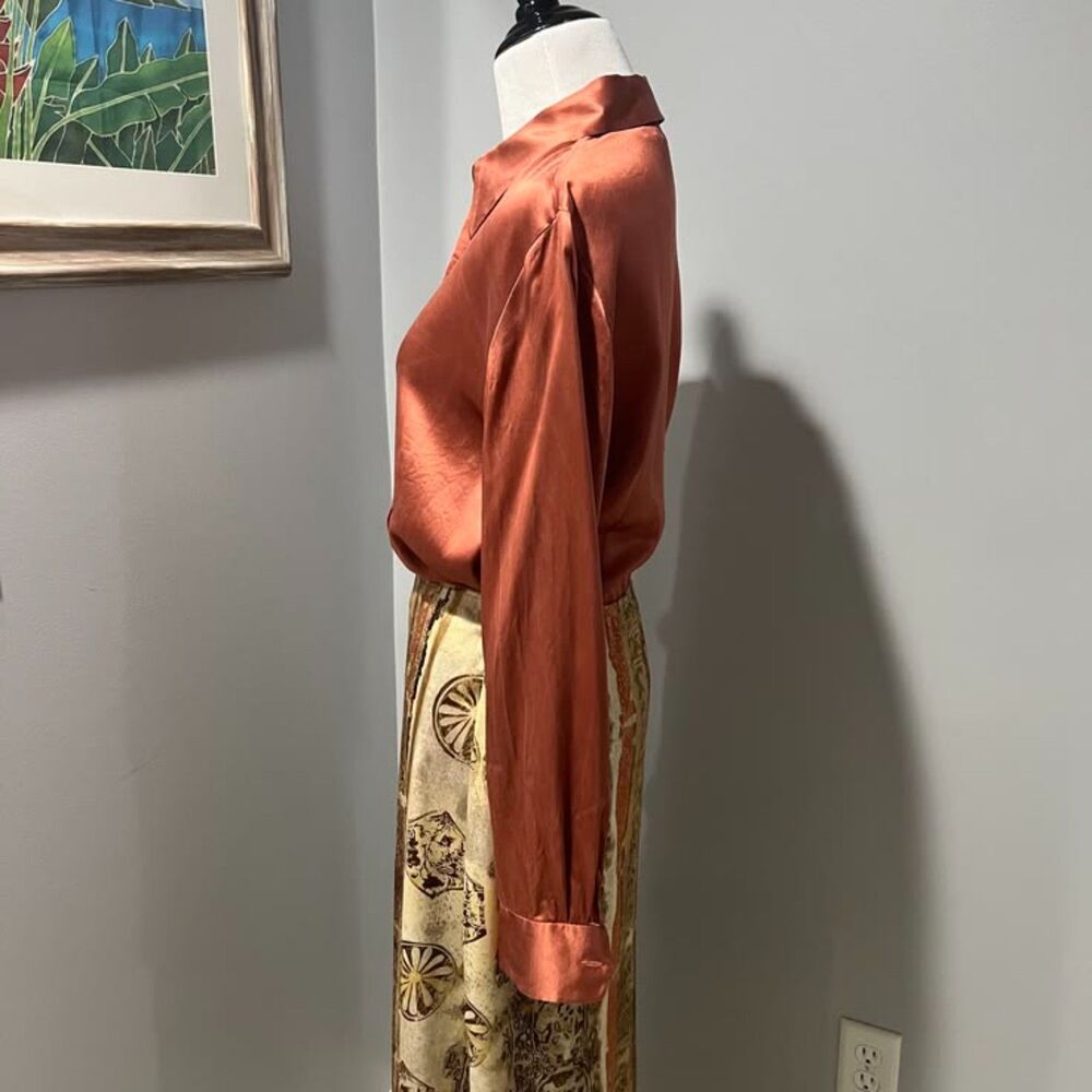Caslon Rust Copper Pointed Collar Silk Long Sleeve Button-Down Blouse Top Medium - Picture 10 of 12